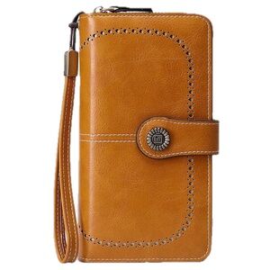 NEW Genuine Leather Wallet RFID Block Large Capacity Classic Yellow Tan Wristlet